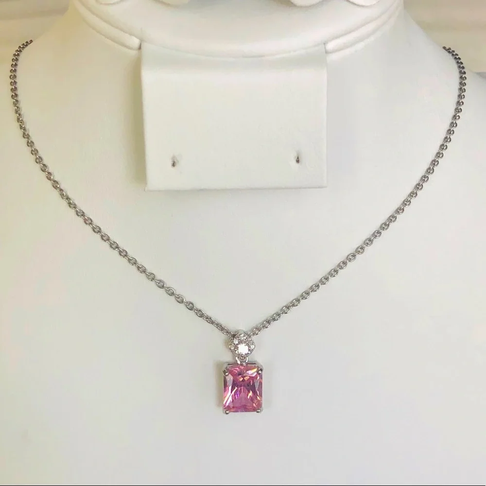 Pink Sapphire Silver CZ Pendant Necklace